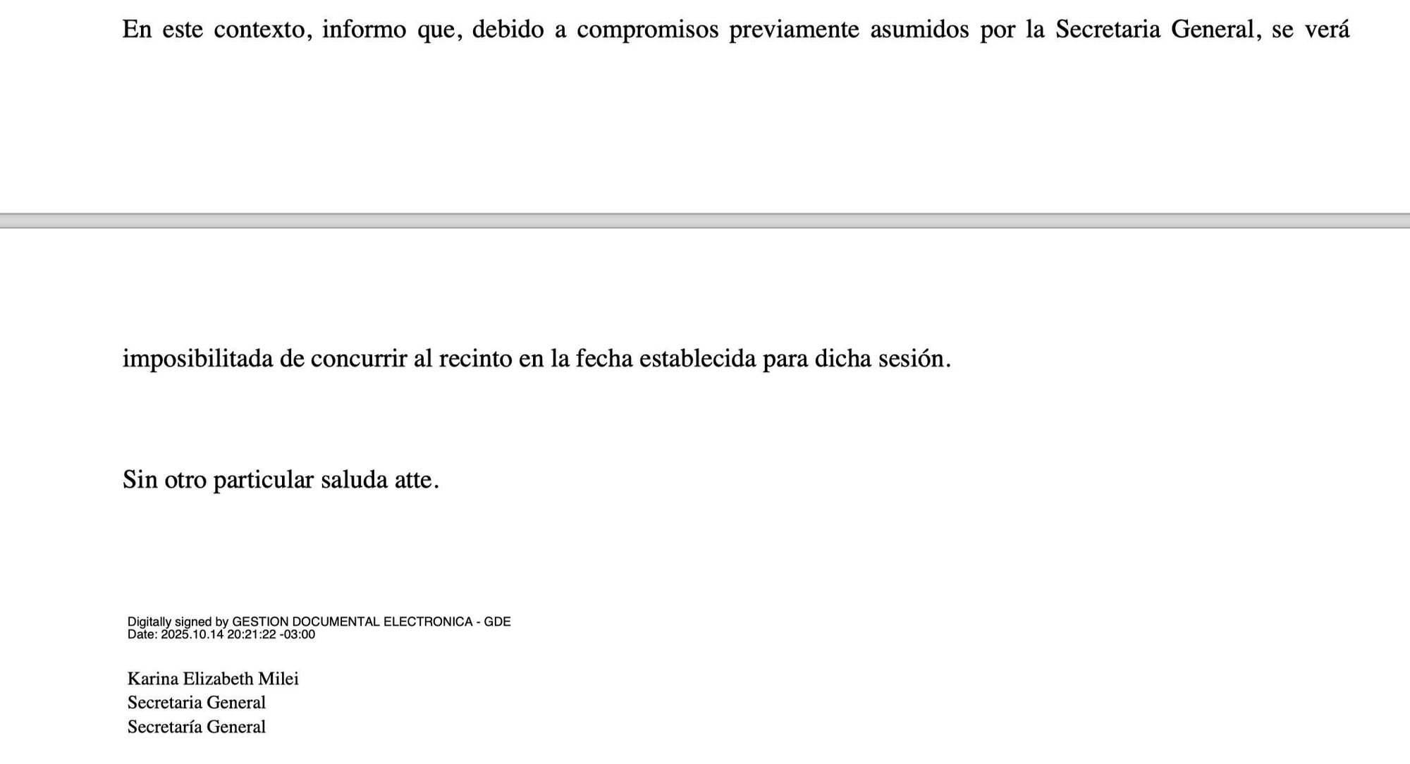 La nota firmada por Karina Milei.