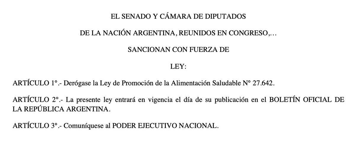 El proyecto de derogación de la Ley de Promoción de la Alimentación Saludable.