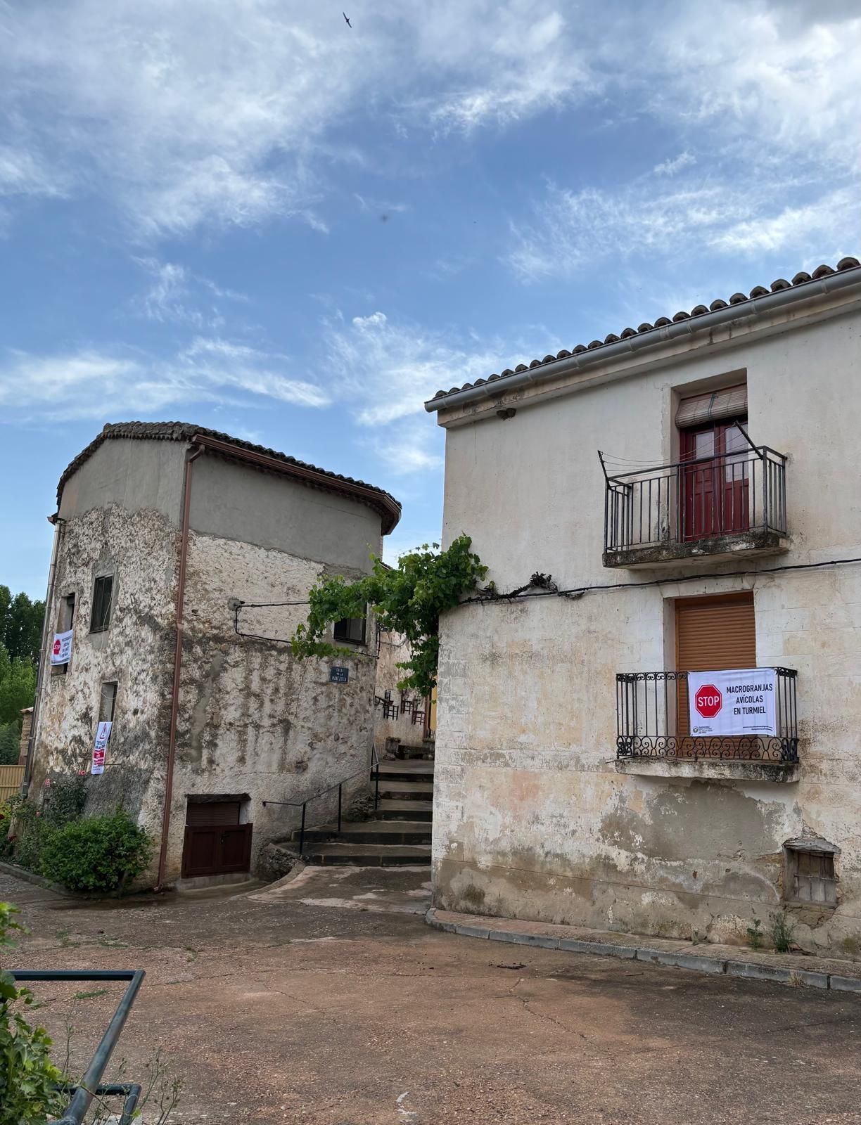 Carteles que reivindican desde las casas de Turmiel que no se instalen las macrogranjas