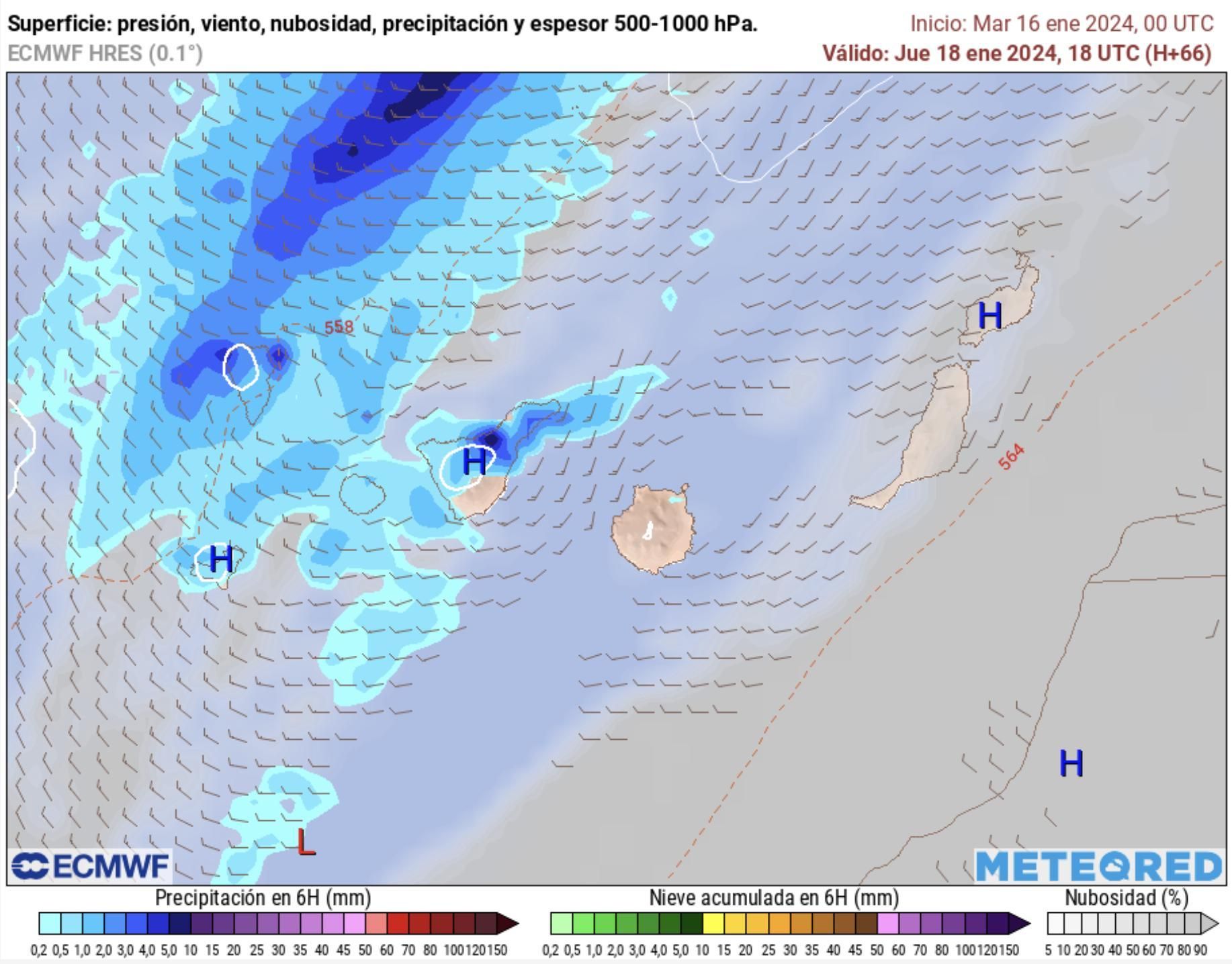 Mapa previsto de lluvias en Canarias para este jueves.