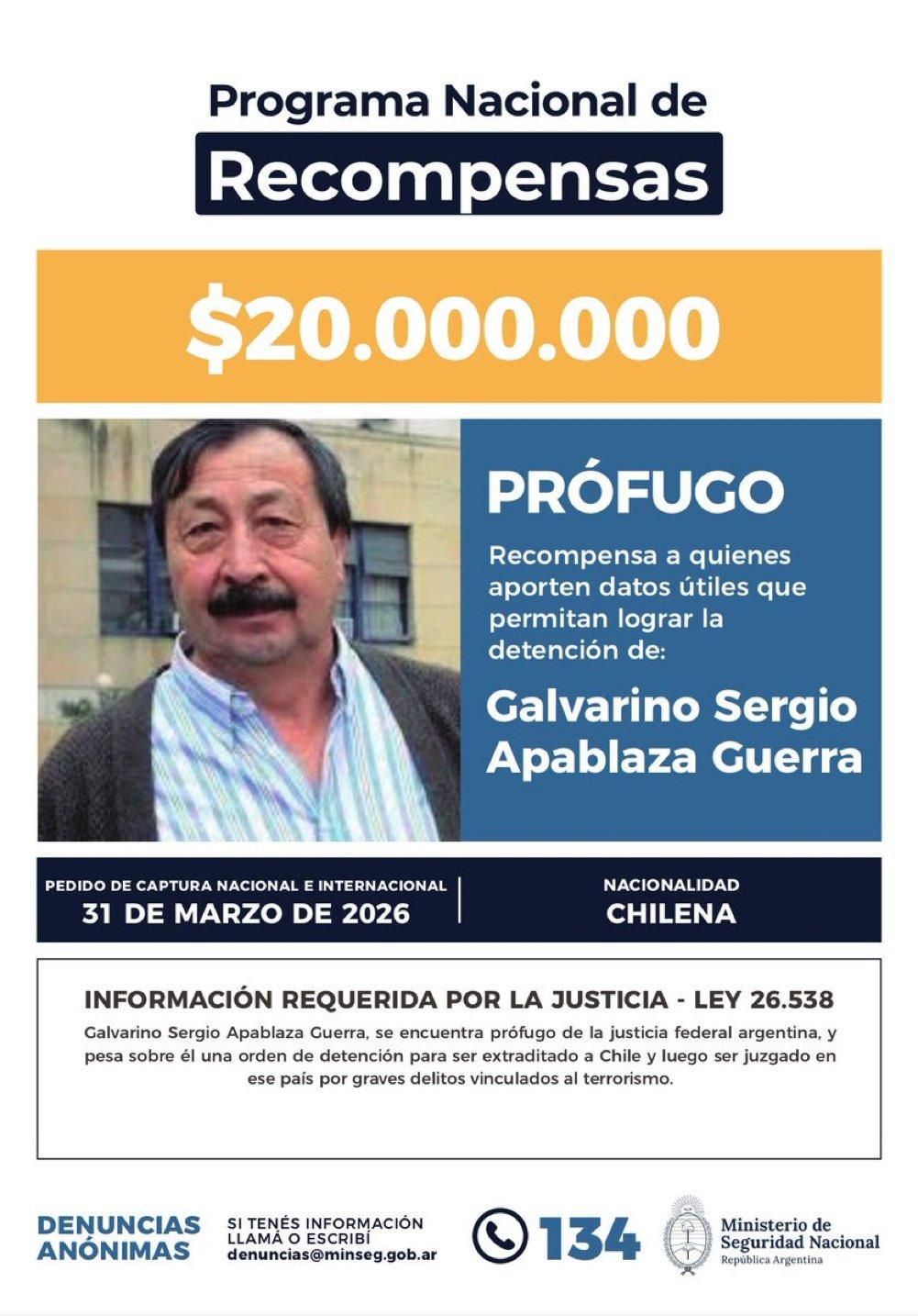 Argentina ofrece recompensa por la captura o información de Galvarino Apablaza.