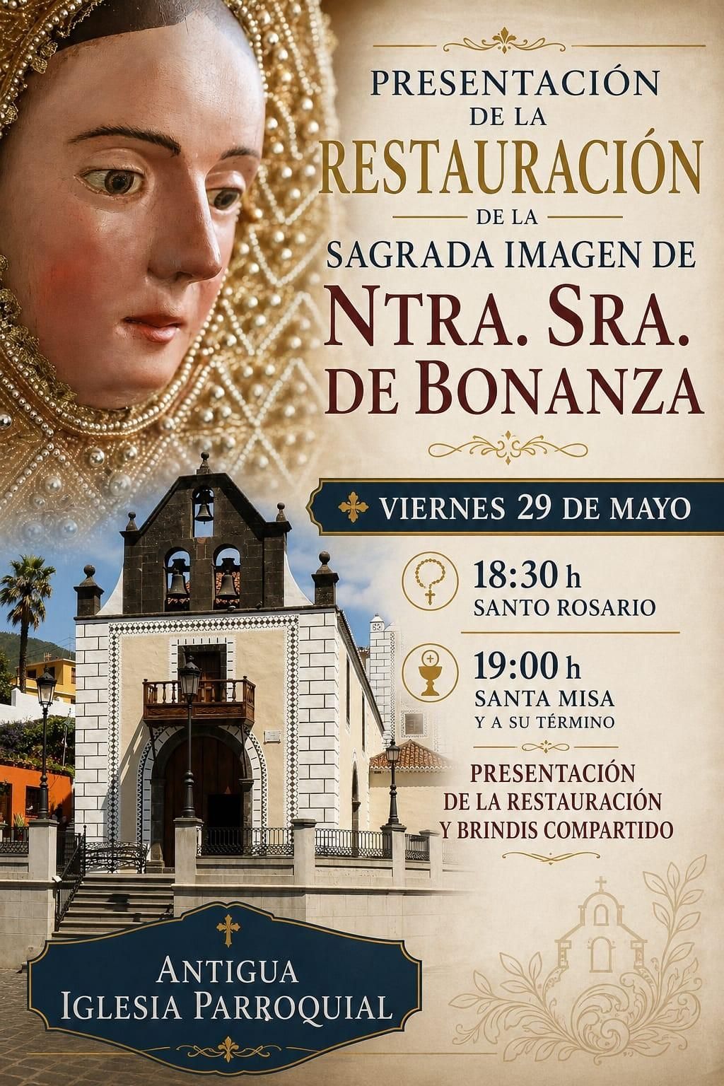 Cartel presentación de la restauración de la imagen de la Virgen de Bonanza.