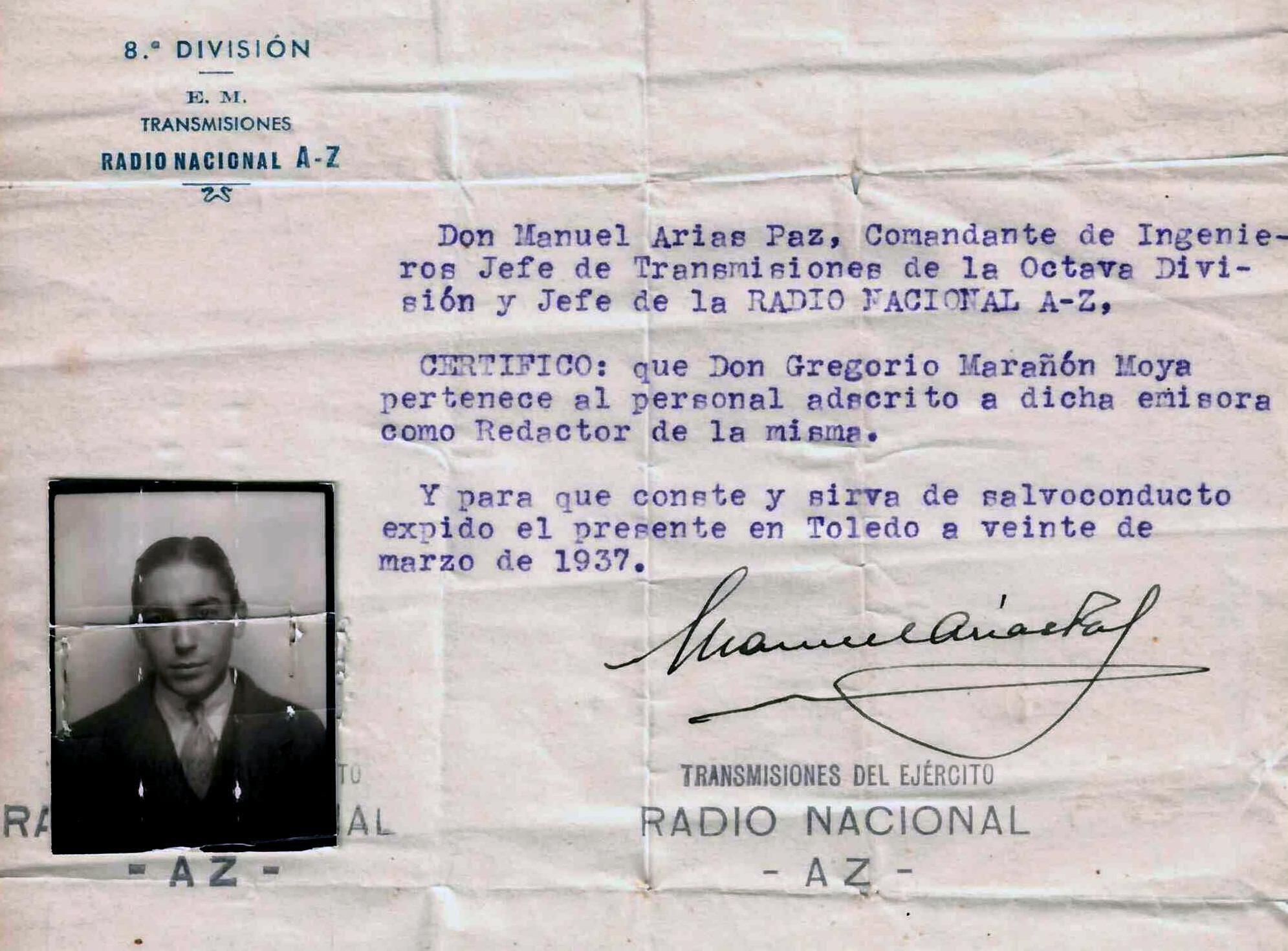 Salvoconducto emitido en Toledo a favor de Gregorio Marañón Moya, redactor de Radio A-Z