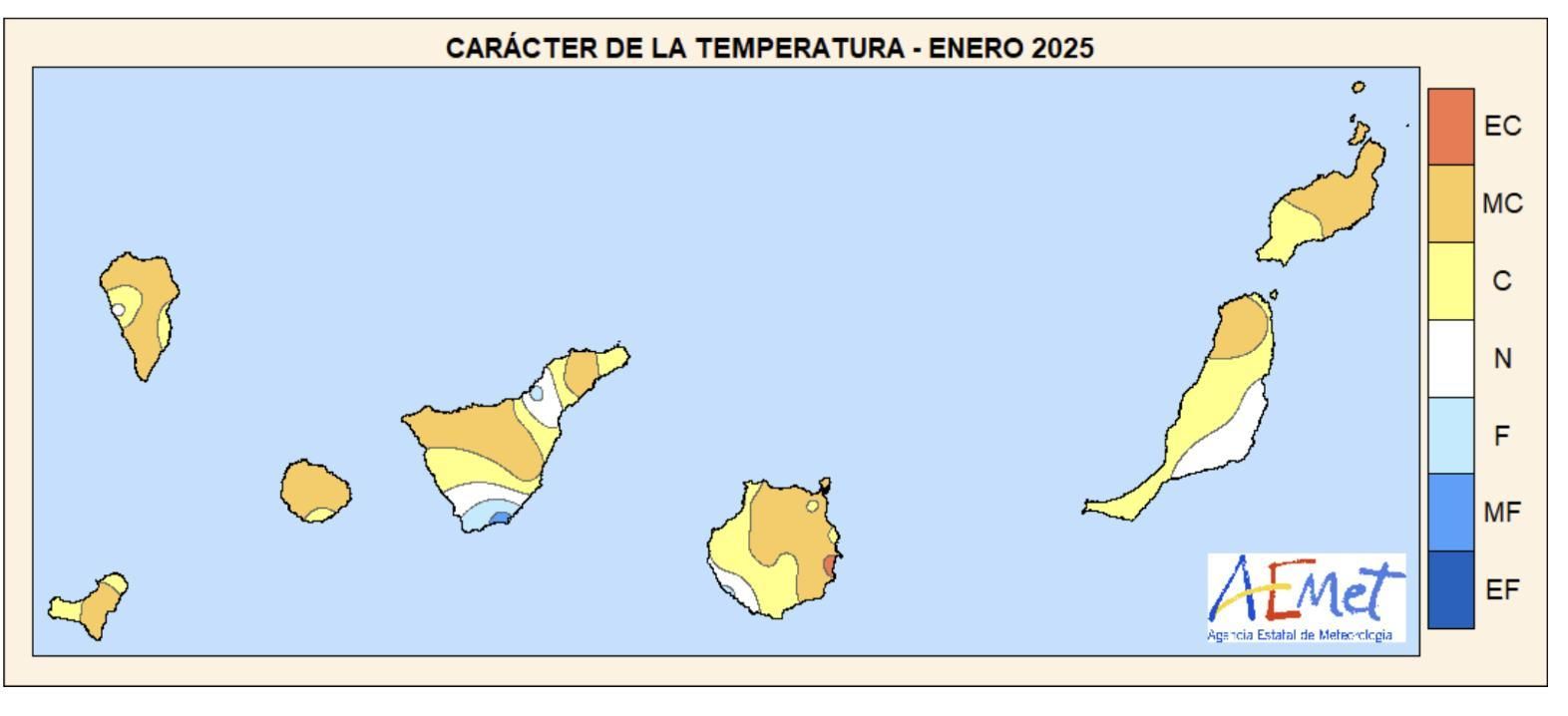 Mapa de temperaturas en Canarias durante enero de 2025.