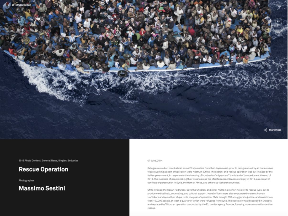 Una de las fotos difundida en los bulos fue tomada desde el aire por el fotógrafo Massimo Sestini el 7 de junio de 2014, a unos 25 kilómetros de la costa libia.