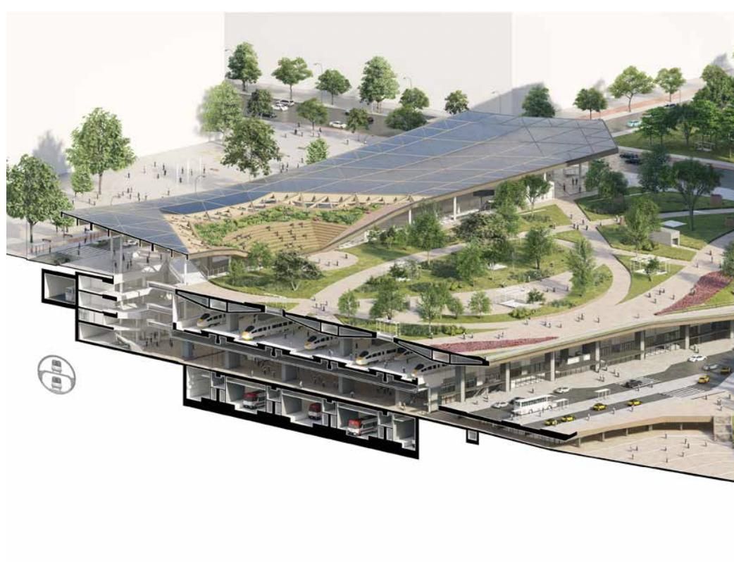 Visualización de la futura estación, con la cubierta verde y sus tres niveles subterráneos: el superior para la Alta Velocidad, el intermedio como vestíbulo y el inferior, para Rodalies.