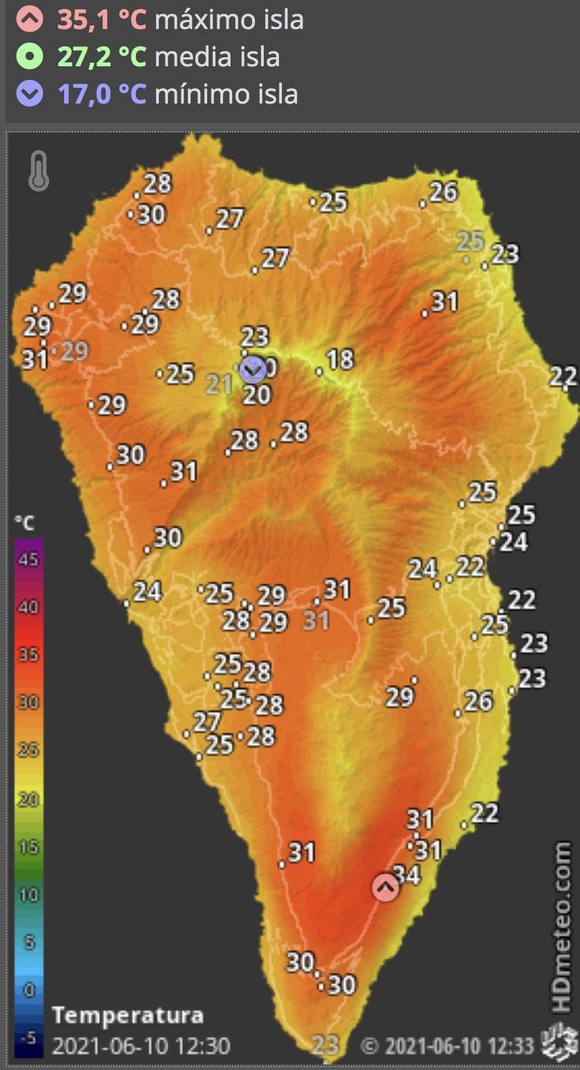 Mapa de HD Meteo La Palma donde se indica la temperatura que, a las  12.3 horas de este jueves, 10 de junio se registraba en distintos puntos de La Palma.