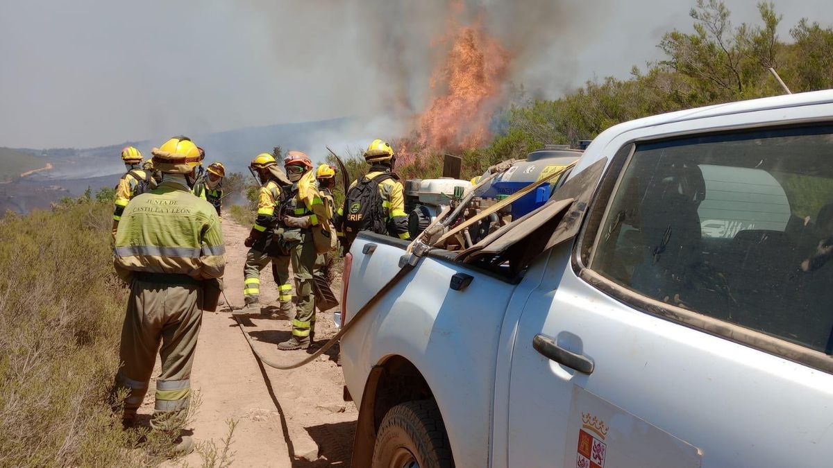 Bomberos forestales de Brif Tineo en el incendio de Murias de Ponjos este pasado miércoles.