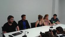 Miguel Urbán, Hervé Falciani, Paula Ortega, Ana Garrido y Miguel Ongil este sábado en la Oficina Europarlamentaria de Podemos