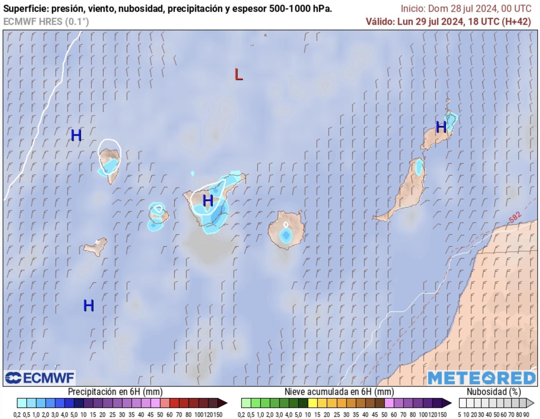 Mapa de precipitaciones previsto en Canarias para este lunes.