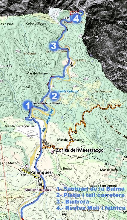 Itinerari per la vall del Bergantes amb els punts d'interès. Entre setmana convé passar per allí amb precaució per la gran quantitat de camions que hi circulen.
