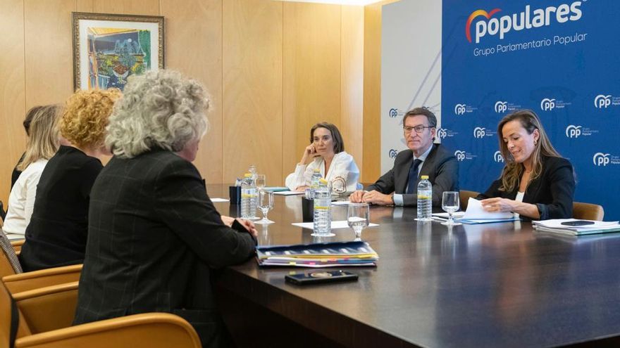 El presidente del PP, Alberto Núñez Feijóo, la secretaria general, Cuca Gamarra, y la vicesecrearia de Políticas Sociales, Carmen Navarro, durante la reunión con la 'Alianza contra el Borrado de las Mujeres' este jueves en el Congreso.
