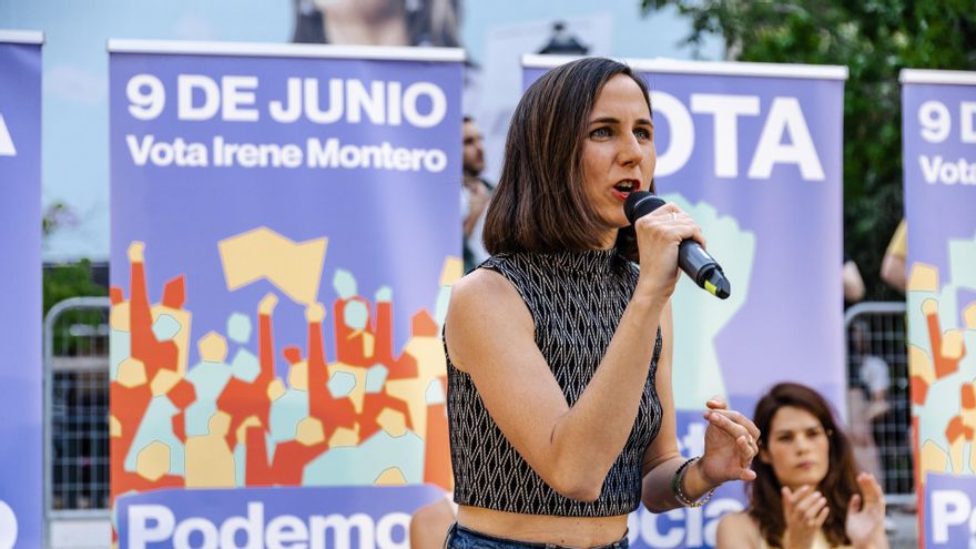 La secretaria general de Podemos, Ione Belarra, durante el acto de cierre de campaña de Podemos para los comicios europeos, en la plaza de Pedro Zerolo, a 7 de junio de 2024, en Madrid (España).
