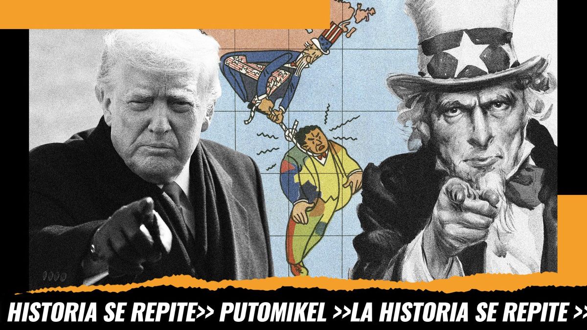 Montaje: una foto de archivo de Donald Trump y la mítica ilustración del Tío Sam flanquean una viñera de 1941 sobre el intervencionismo de EEUU en América Latina