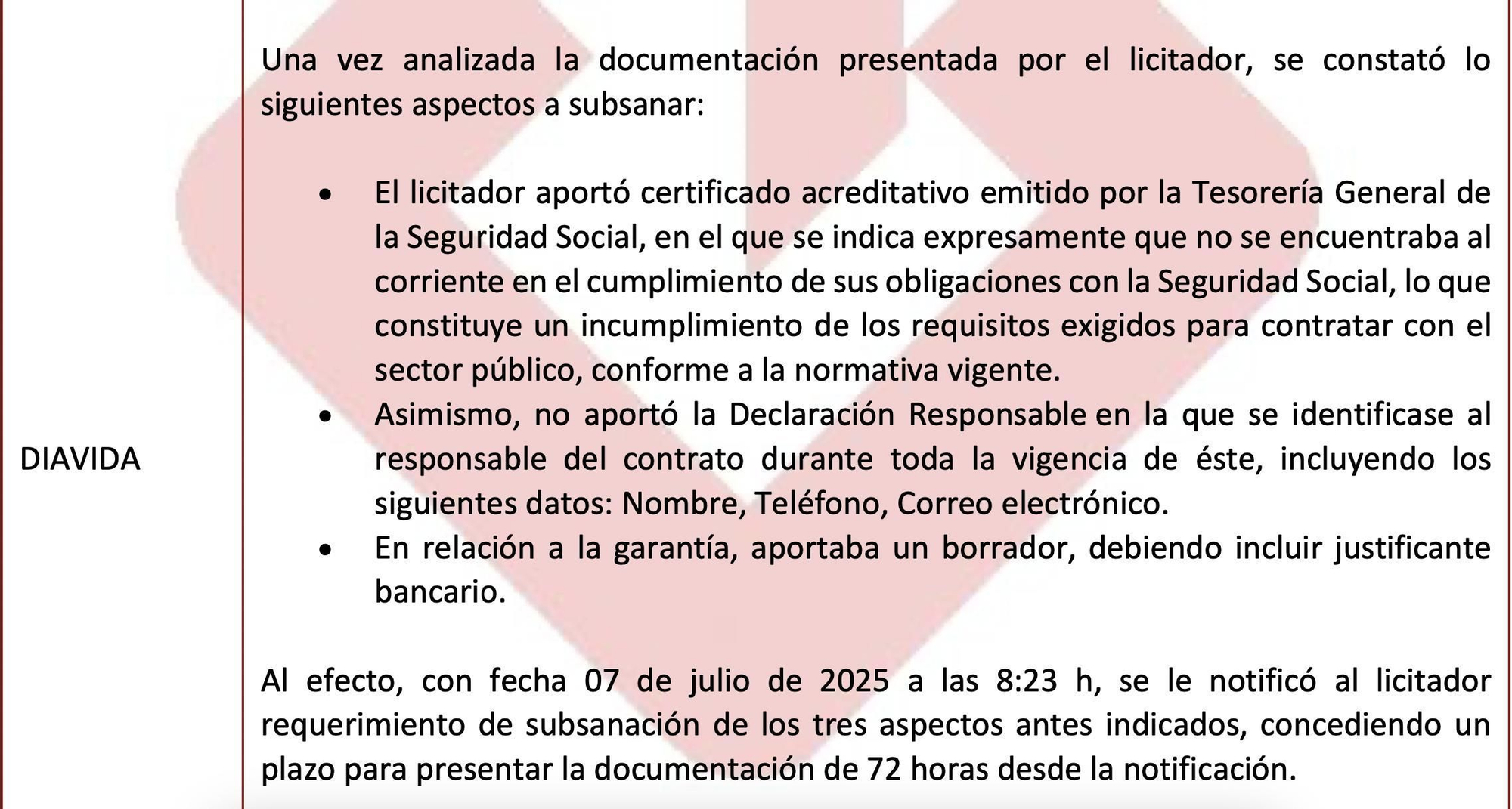 Captura de pantalla del documento en el que FREMAP expulsa de una licitación pública a Diavida por no estar al corriente de sus obligaciones con la Seguridad Social.