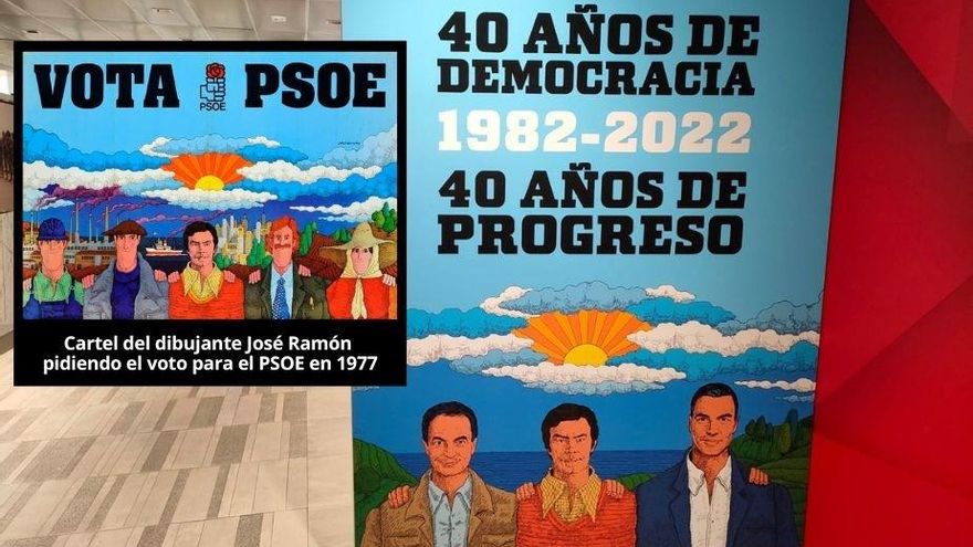 Cartel del PSOE en 1982, obra del dibujante José Ramón, y la nueva versión, de 2022, con Zapatero y Sánchez junto a Felipe González