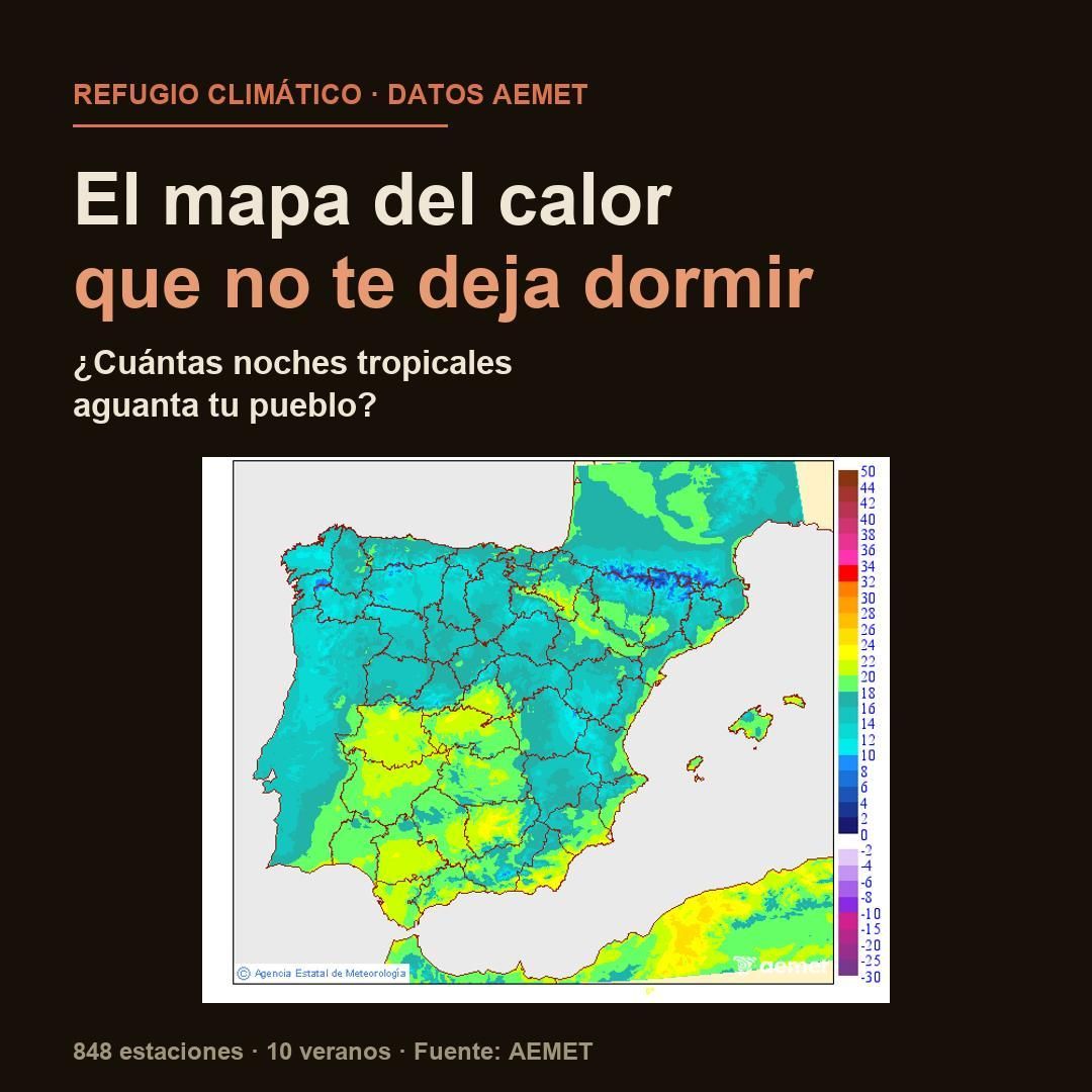 Mapa de la cifra de noches tropicales en España.