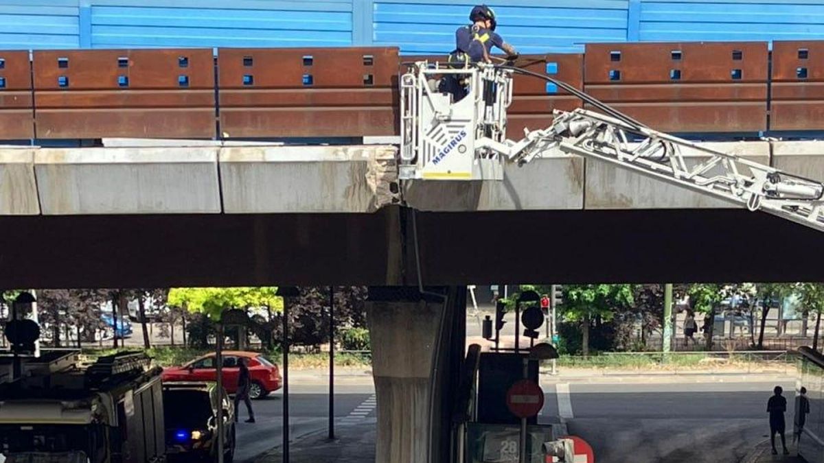 Operarios arreglan el desprendimiento de un cascote en el scalextric de Puente de Vallecas.