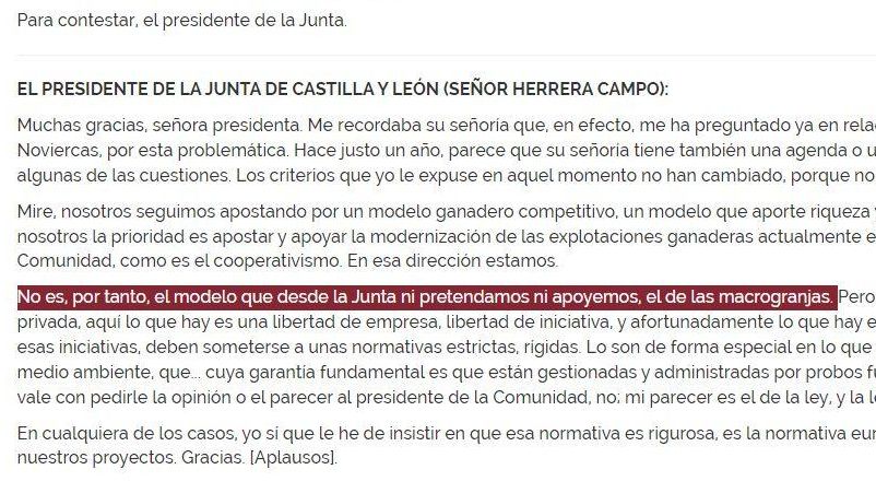 Extracto del diario de sesiones de las Cortes de Castilla y León de marzo de 2018 con una crítica del PP a las macrogranjas.