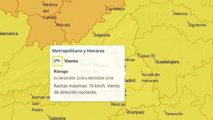 Alerta por vientos de hasta 80km/h en la Comunidad de Madrid para este miércoles