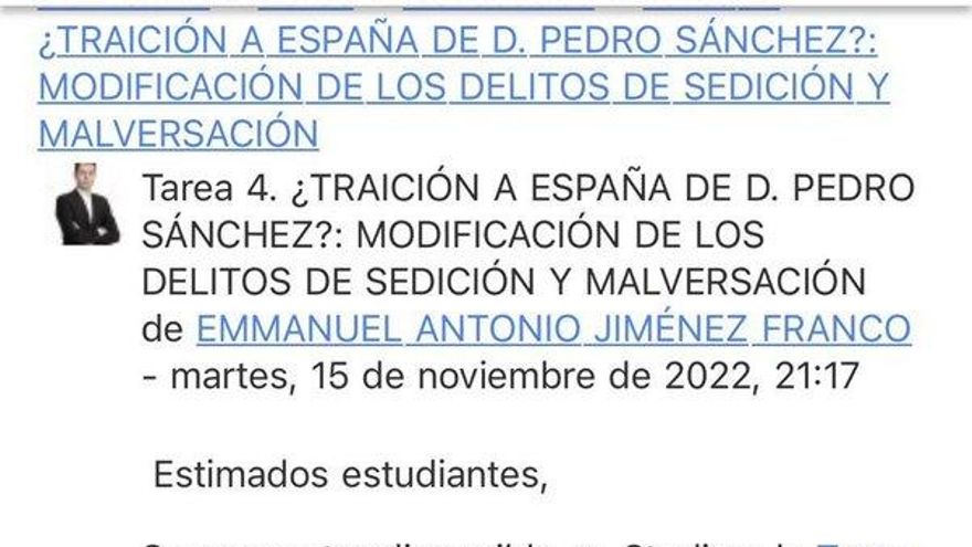 Un profesor universitario plantea a sus alumnos si Pedro Sánchez traiciona a España al modificar la sedición