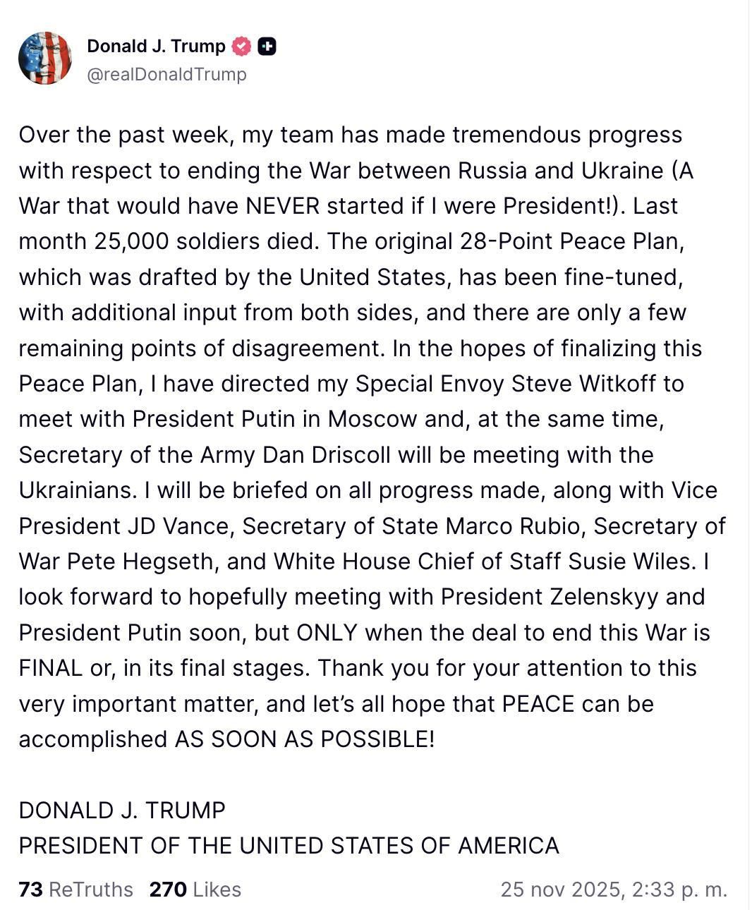 Truth Social de Trump sobre las negociaciones con Putin y Zelenski.