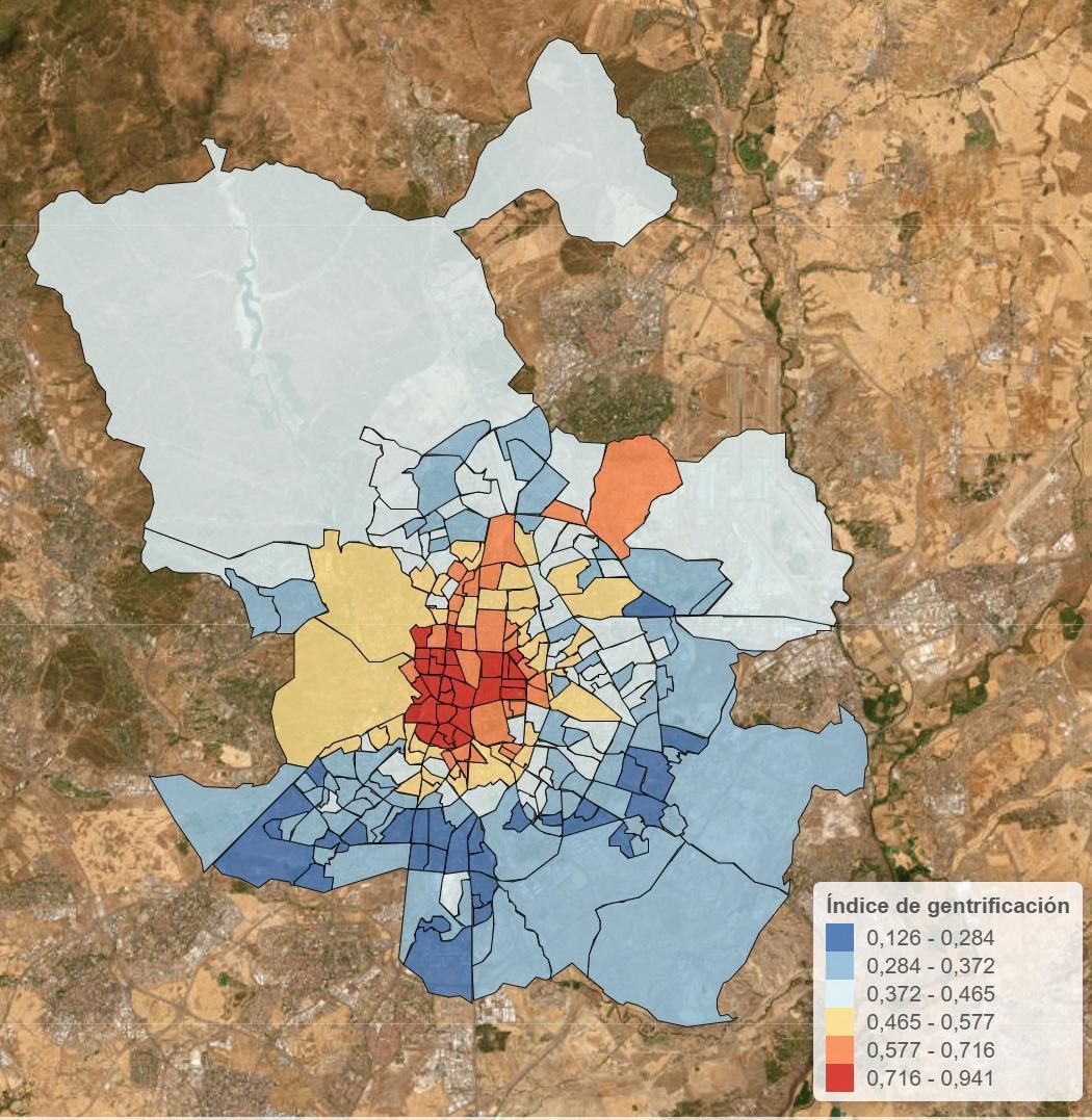 Mapa de la gentrificación en el municipio de Madrid, según el estudio