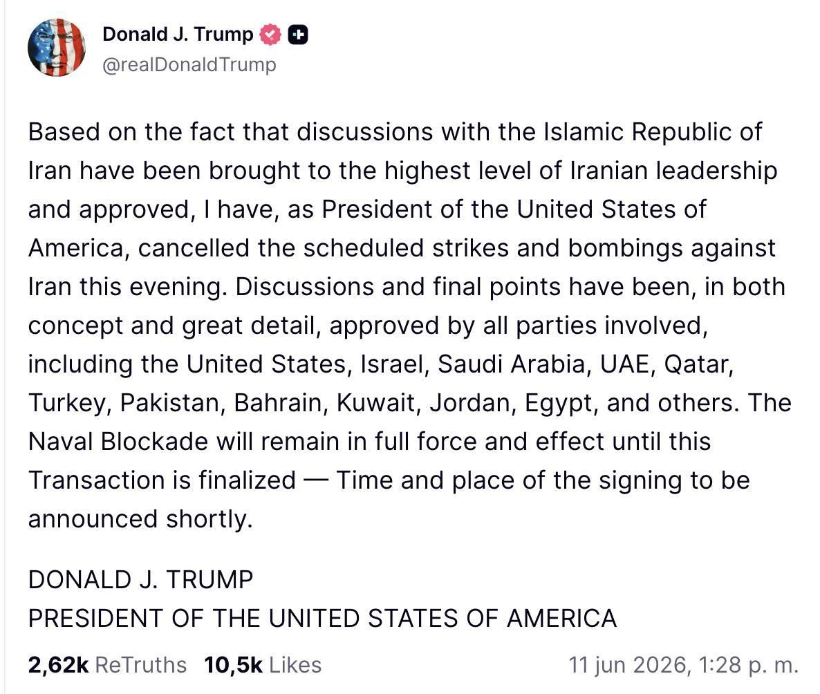 Truth Social de Trump sobre un acuerdo con Irán.