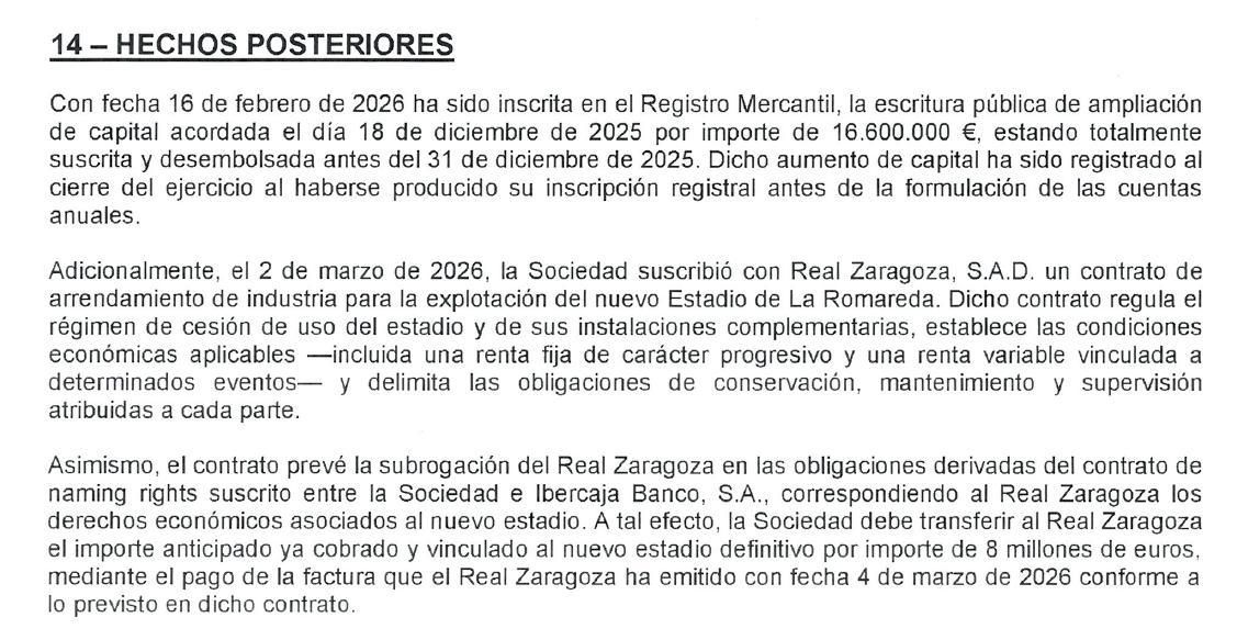 Extracto del informe de auditoría sobre las cuentas de 2025 en el que se recoge la transferencia al Real Zaragoza SAD de los ocho millones de euros.