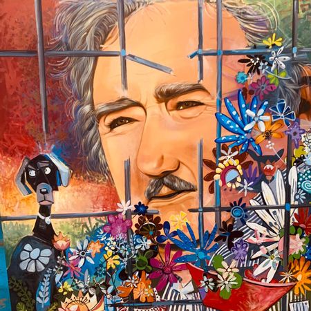 Detalle del rostro de Pepe Múgica en el mural de Roberto Márquez con Beatriz Roclim.