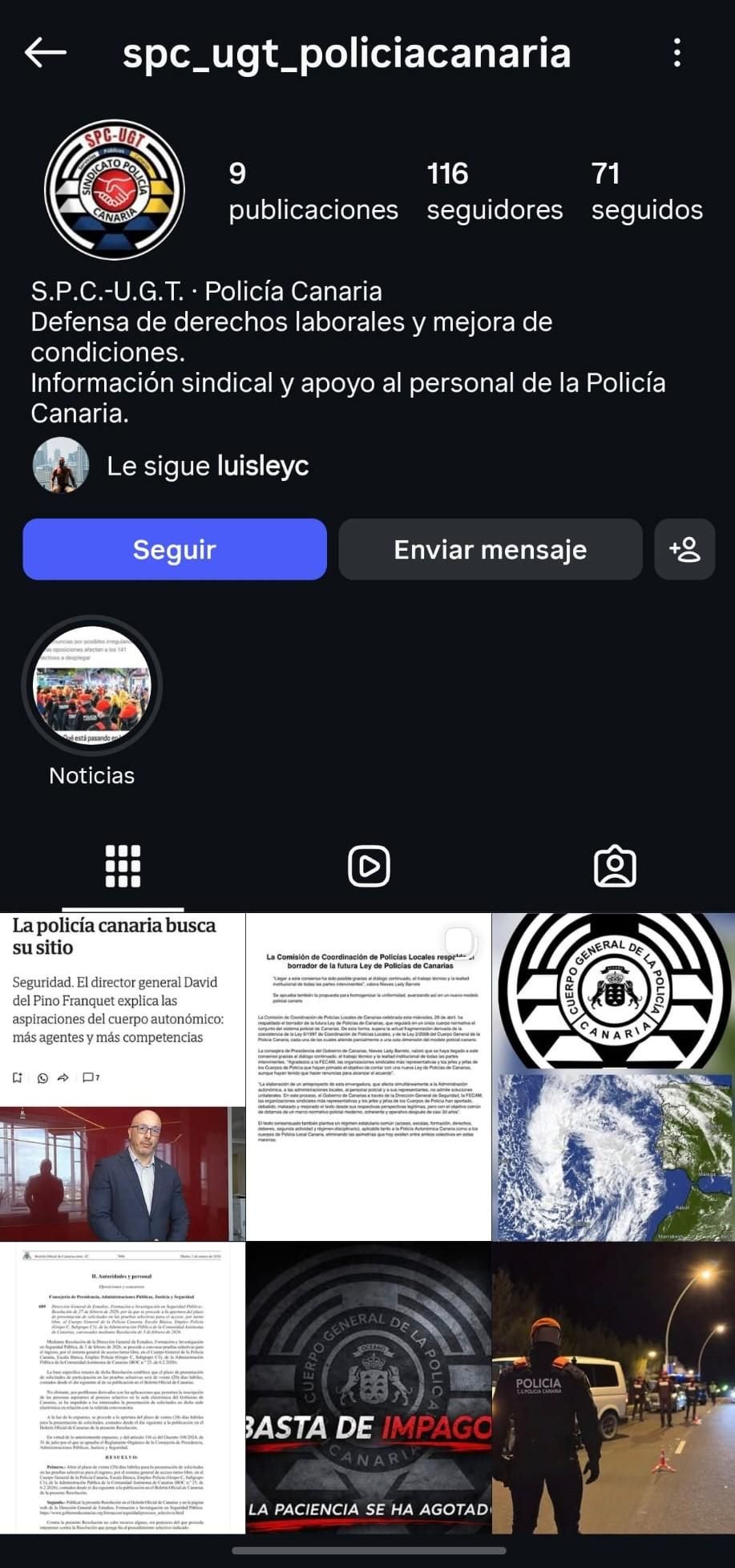 Perfil de la cuenta de Instagram que ha adelantado información que los aspirantes a la Policía Canaria consideran privilegiada.