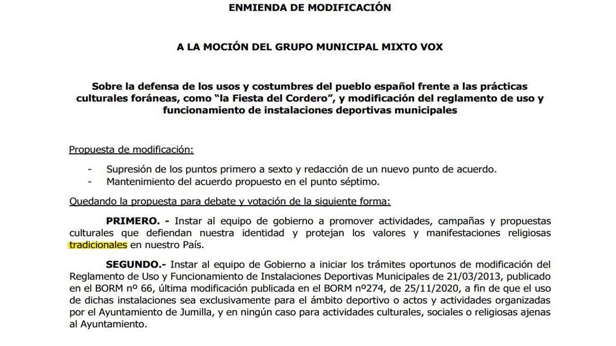 Amendment presented by the PP to the motion of Vox in Jumilla.