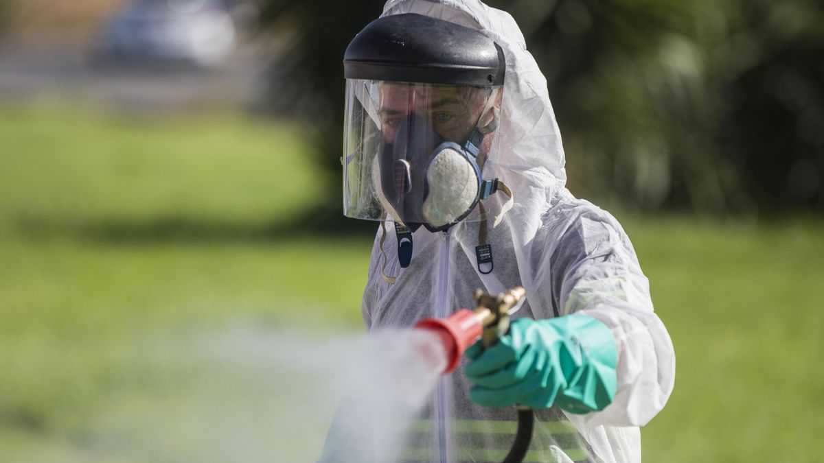 Archivo - Un trabajador durante las labores de fumigación contra los mosquitos causantes del virus del Nilo en Coria del Río