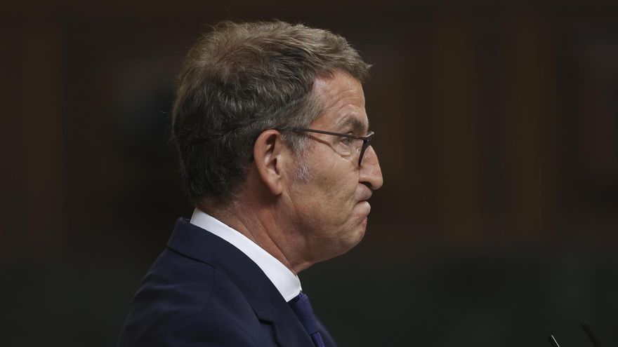 El presidente del Partido Popular y candidato a la investidura, Alberto Núñez Feijóo, participa en la primera sesión de su debate de investidura a la Presidencia del Gobierno, este martes en el Congreso.
