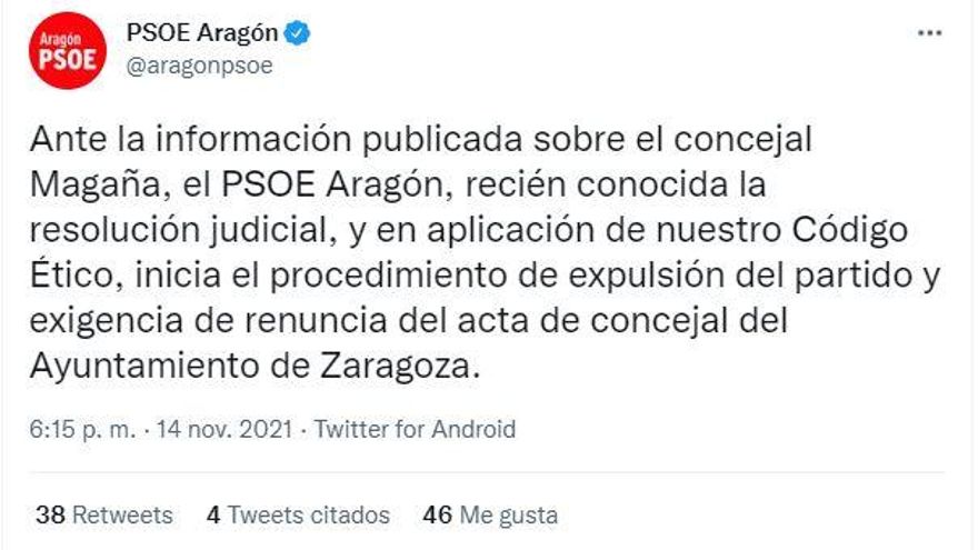 El PSOE Aragón expulsará a Ignacio Magaña del partido y exige su renuncia a su acta de concejal de Zaragoza