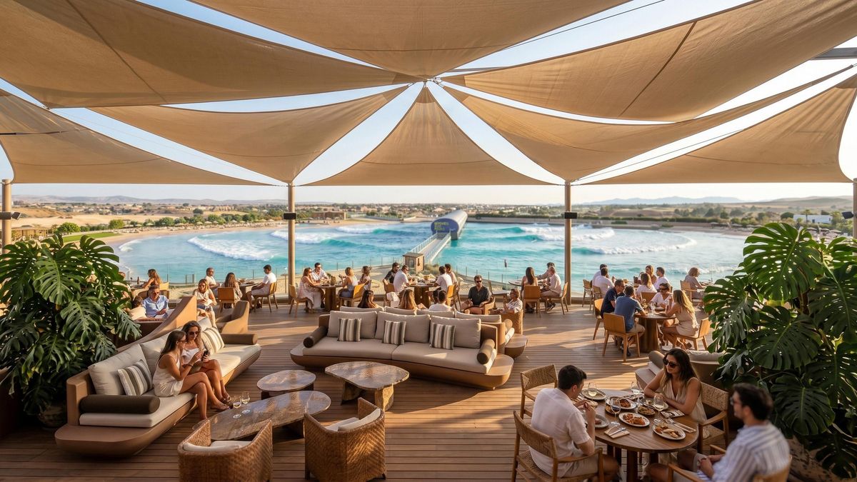 Render del espacio de oferta gastronómica junto a la piscina.