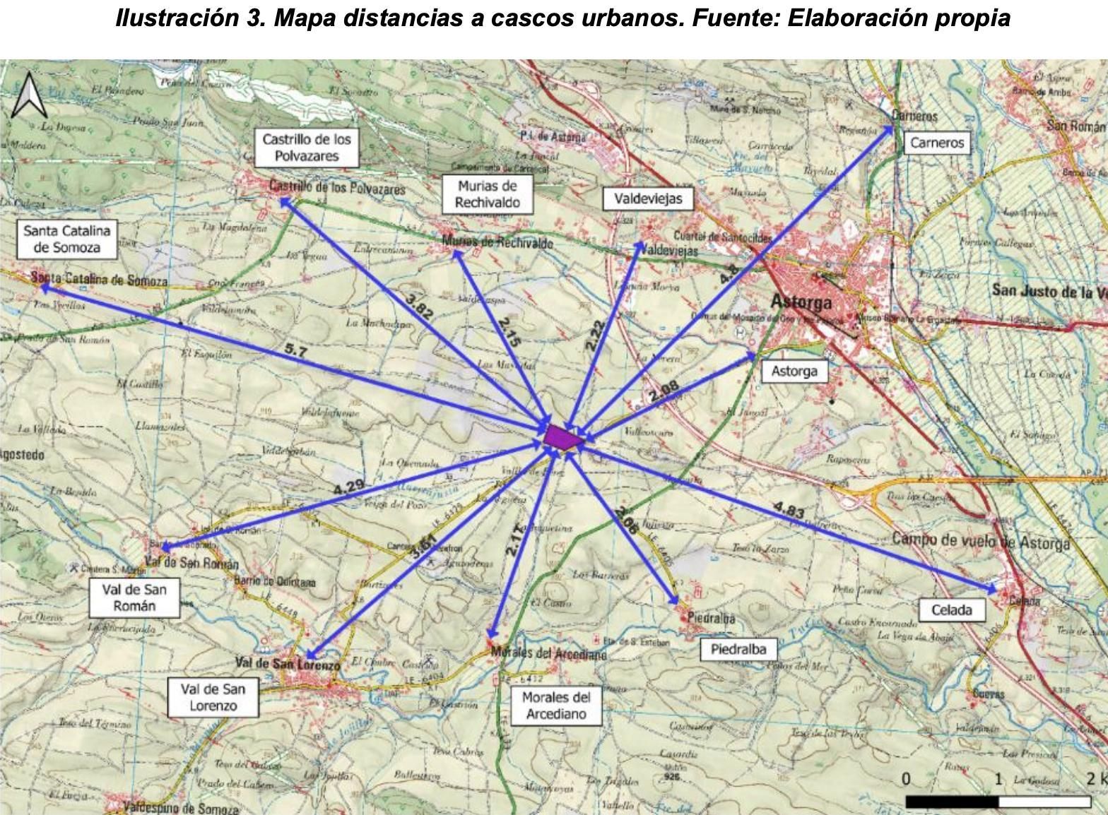 Distancias de la planta de biometano de Val de San Lorenzo a poblaciones cercanas