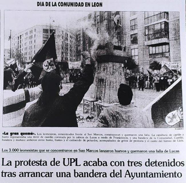 Imagen de cómo ardía la falla del castillo en la Fiesta de Villalar en León en 1996 en un acto de protesta de Conceyu Xoven (UPL).