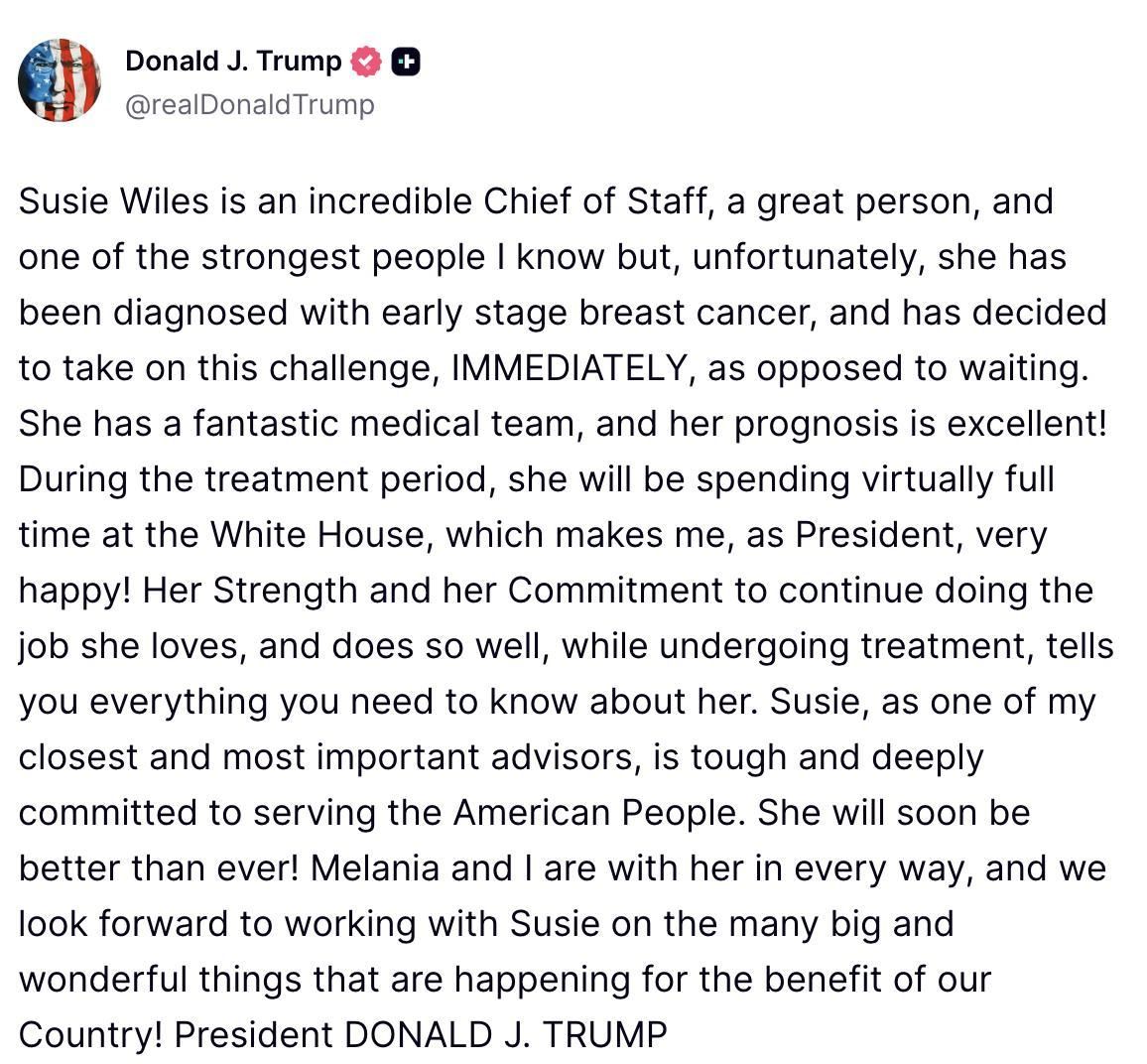 Truth Social sobre el cáncer de mama de Susie Wiles.