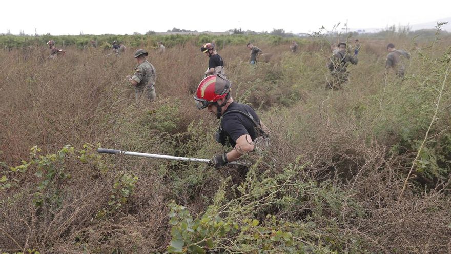 Bomberos, ejército y miembros de la UME trabajan en las labores de búsqueda de posibles víctimas en los campos cercanos a la zona de Loriguilla, Valencia, este miércoles.