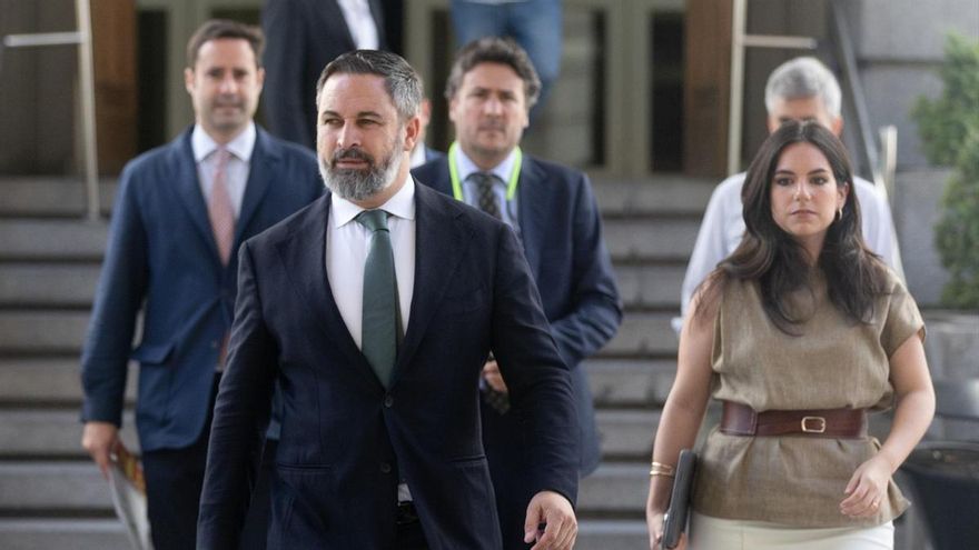El líder de VOX, Santiago Abascal y la portavoz de VOX en el Congreso, Pepa Millán, llegan al pleno extraordinario en el Congreso de los Diputados, a 11 de julio de 2024, en Madrid (España)