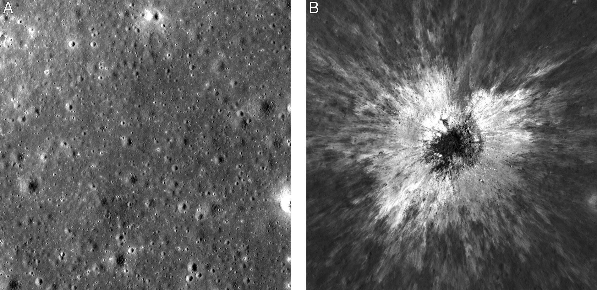 Esta composición de imágenes captadas por la sonda Lunar Reconnaissance Orbiter de la NASA muestra la misma zona de la superficie lunar antes y después de la aparición de un cráter descubierto en mayo de 2024.