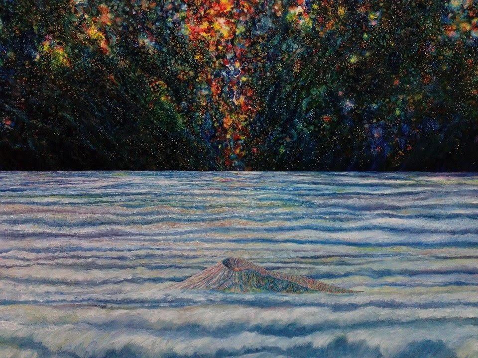 'Volcán dormido, mar de nubes y noche estrellada'. Óleo sobre lienzo, 51 x 65 cm. Óscar Lorenzo, 2016.