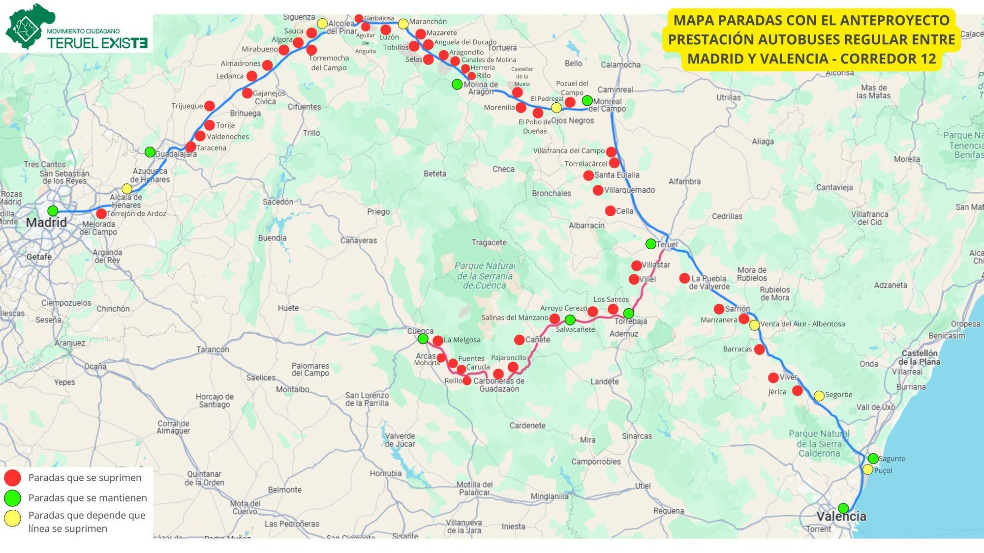 Mapa de las paradas de autobuses regulares en el corredor Madrid-Valencia que se suprimirán, según denunciará la España Vaciada en el Congreso este viernes