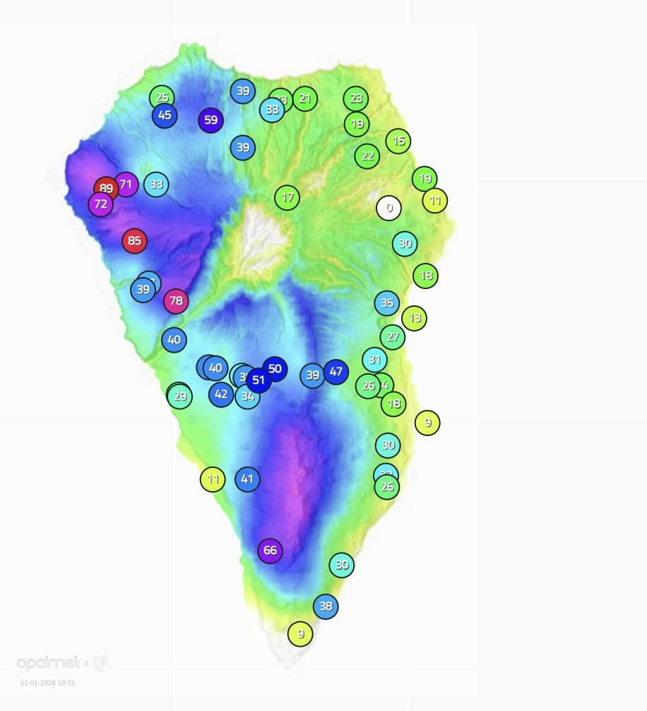 Mapa de Apalmet de la lluvia registrada en diversos punto de La Palma hasta las 10.01 horas de este 1 de enero de 2026.