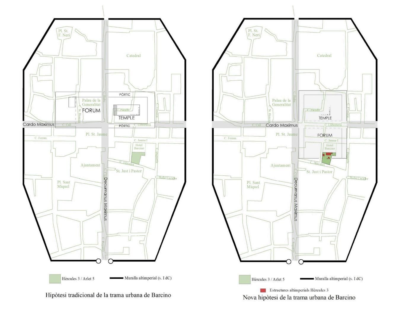 A la izquierda, la hipótesis tradicional de la trama urbana de Barcino. A la derecha, la que emerge del hallazgo debajo del Hotel Gran Barcino