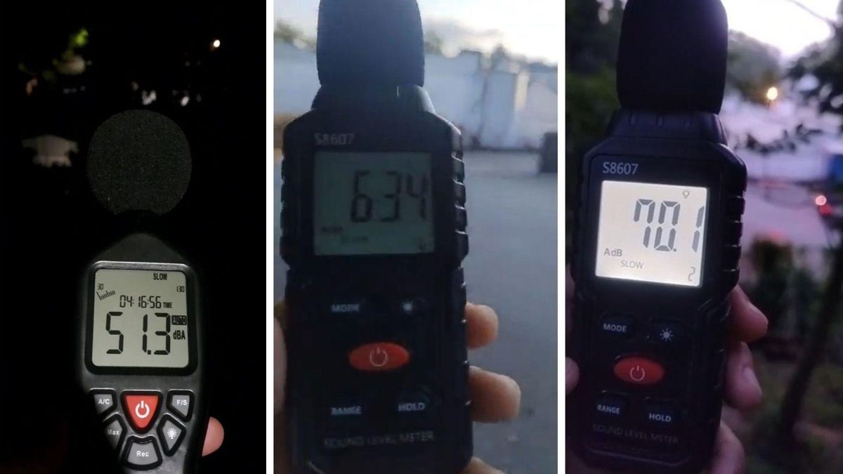 Mediciones de nivel de ruido realizadas desde el interior de una habitación por la noche(51dB), durante el día (63dB) y por la tarde-noche (70dB).