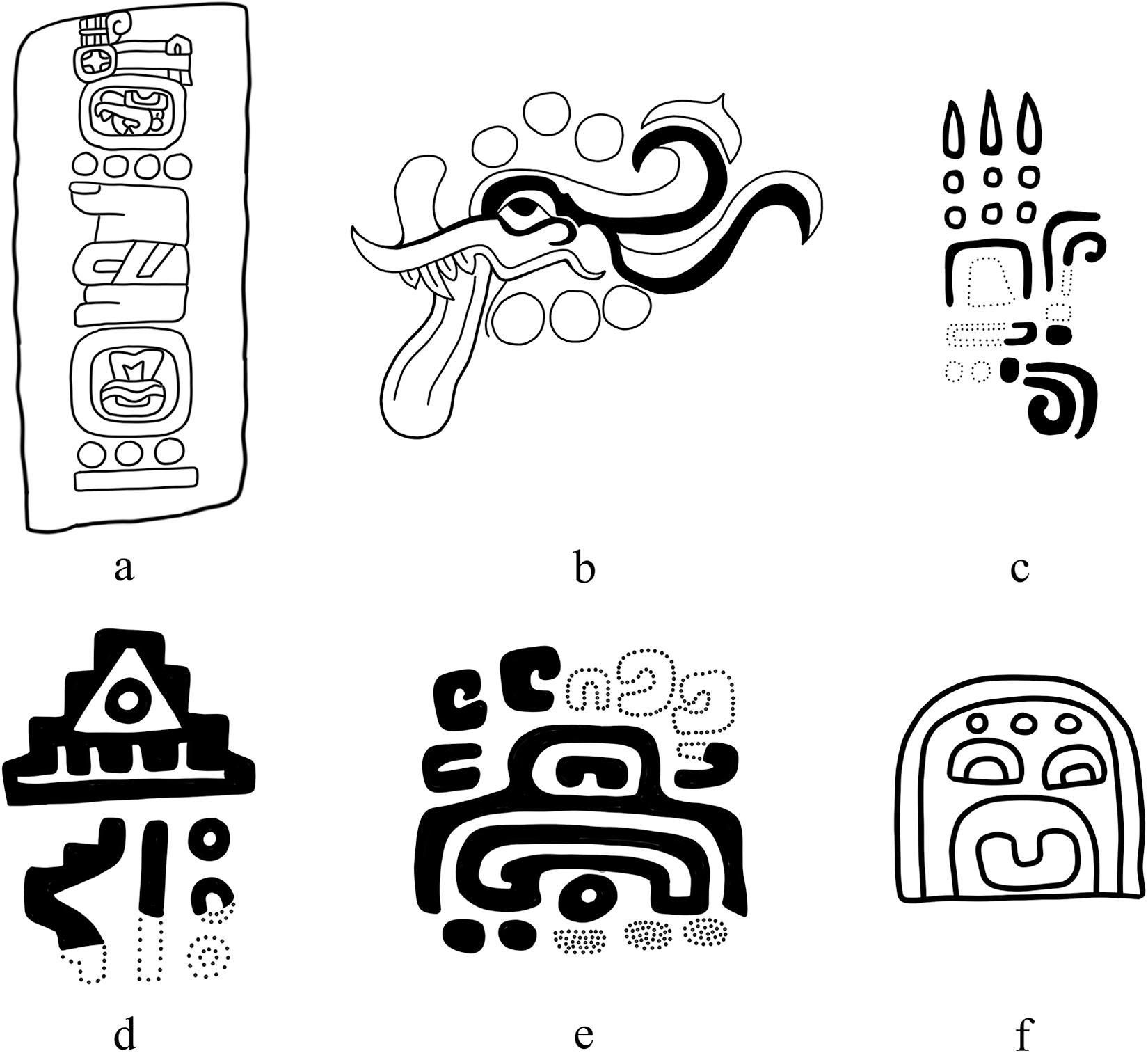 Numeración mesoamericana temprana o motivos de puntos: (a) Estela 12 de Monte Albán (MA-D-139) del Edificio L, 500–300 a.C.; (b) Pintura rupestre de Oxtotitlán 3; (c) Sello plano fase Chiapa de Corzo Francesa; (d) Sello de fase Chiapa de Corzo Francesa-Horcones; (e) Sello de fase Chiapa de Corzo Francesa-Guanacaste; (f) Motivo de la estatuilla “Joven Señor”. Dibujos de Stephanie Strauss basados en (a) Urcid y Joyce (2014:Figura 9.11); (b) Grove (1970: Figura 15); (c) Lee (1969: Figura 40e); (d) Lee (1969: Figura 42h); (e) Bachand et al. (2008:184); (f) Museo de Arte de Princeton (1995:280, cat. n.º 193, Figura 2).