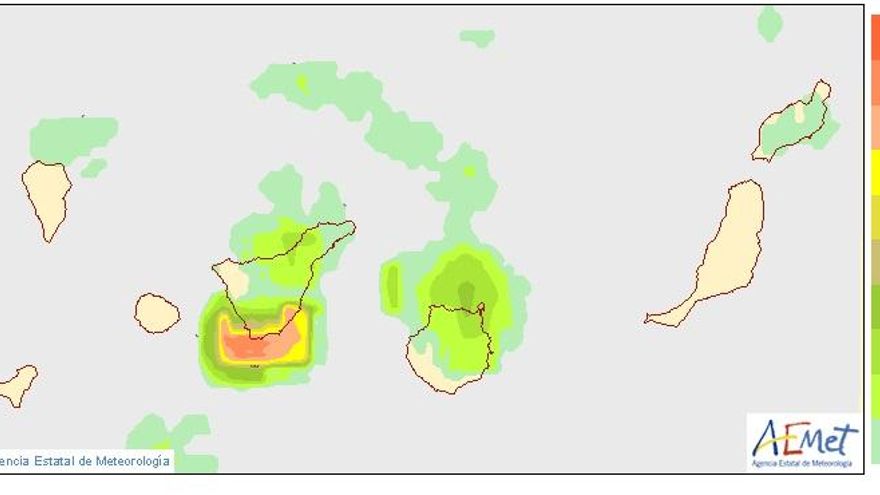 Probabilidad, en tanto por ciento, de que la precipitación total entre las 00 y 24 horas UTC sea superior o igual a 0,5 mm en Canarias el martes 21 de abril.
