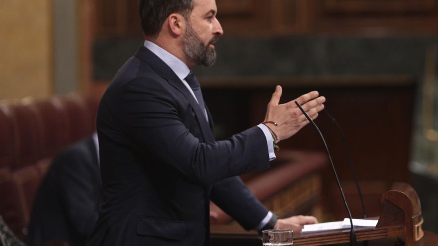 El presidente de Vox, Santiago Abascal, interviene durante la segunda sesión del pleno en el que se debate la moción de censura planteada por Vox, en el Congreso de los Diputados
